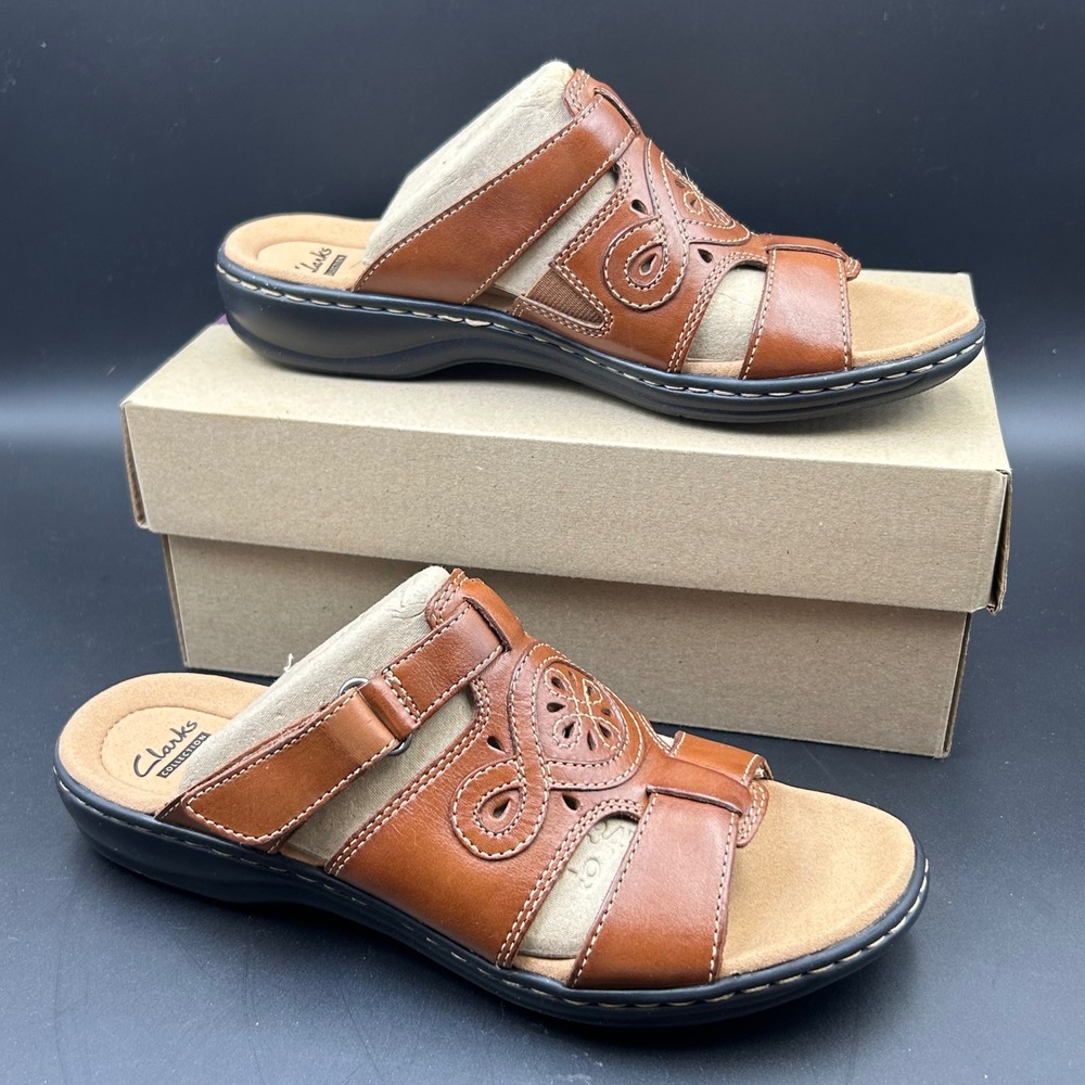 New Clarks Leisa Higley Sandal Women 8.5 M Tan Leather Slide Boho Comfort Mules
